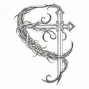 very cursed and curved blade with cross shape and made with a lot of roots and text tattoo design idea