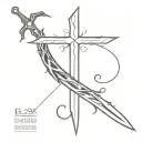 very cursed and curved blade with cross shape and made with a lot of roots and text tattoo design idea