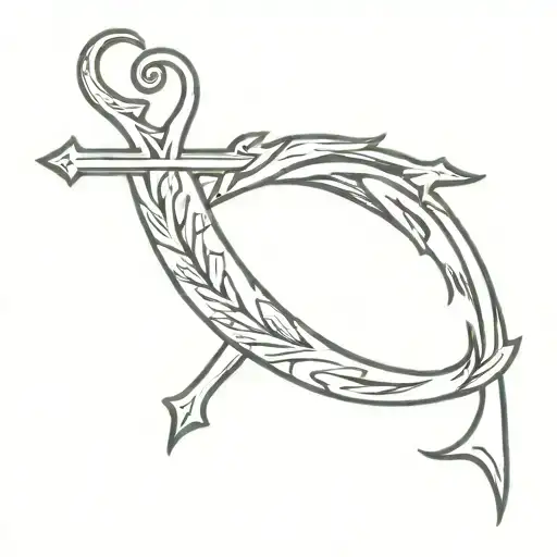 very cursed and curved blade with cross shape and made with a lot of roots and text tattoo design idea