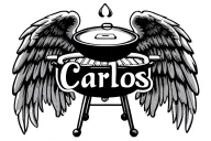 name Carlos infront of bbq grill with angel wings on each side tattoo design idea