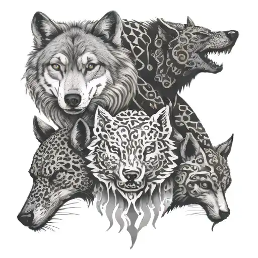 a wolf, bear, gecko, and cat tattoo design idea