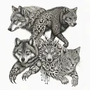 a wolf, bear, gecko, and cat tattoo design idea