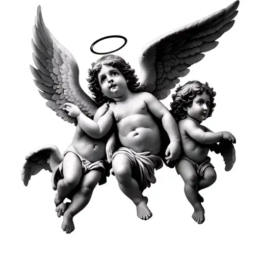 Three cherubs with wings and halo made tattoo design idea