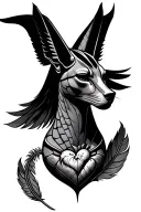 Anubis in full height, in a haze, from below the eyes of the mountain, behind the anubis scales on one side of the heart, on the other feather tattoo design idea