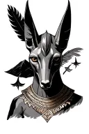 Anubis in full height, in a haze, from below the eyes of the mountain, behind the anubis scales on one side of the heart, on the other feather tattoo design idea