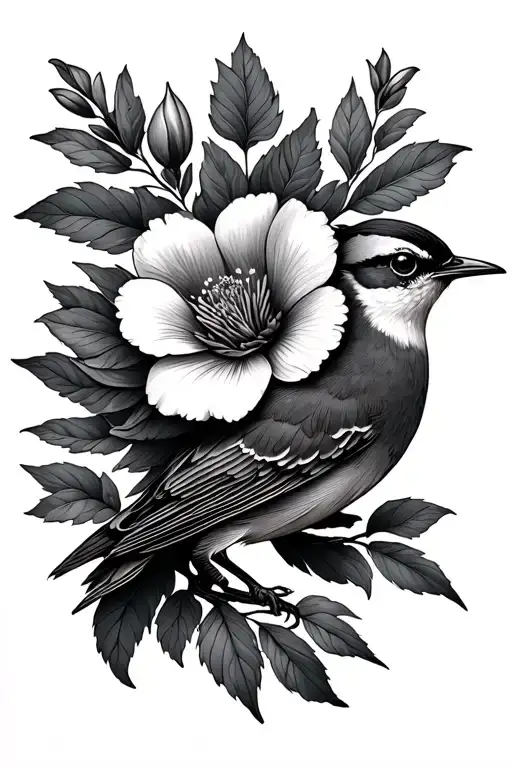 Wren with Althea flower tattoo tattoo design idea