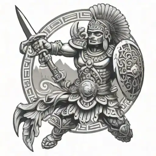 mayan warrior hold sword and shield tattoo design idea