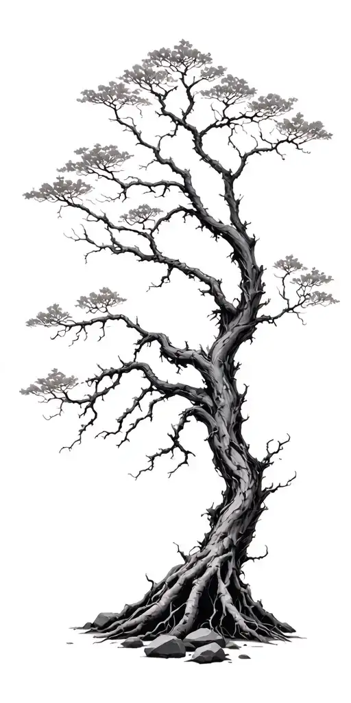 tall dead bonsai tree many branches and twigs rough bark roots gripping rocks. black grey tattoo design idea