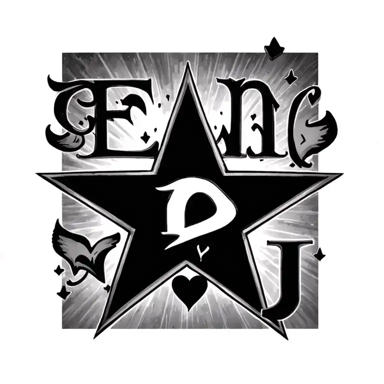 A star with the initials E, N, L, a heart and the letter J tattoo design idea