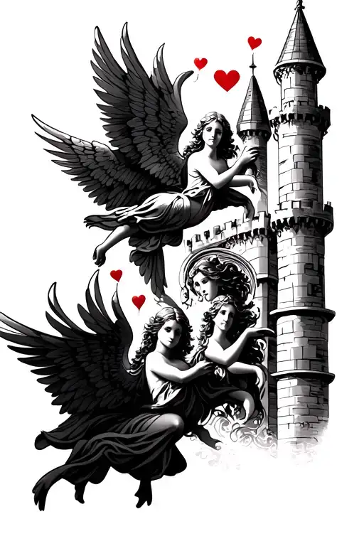 3 medieval angels flying with hearts and a baroque castle background fine line tattoo tattoo design idea