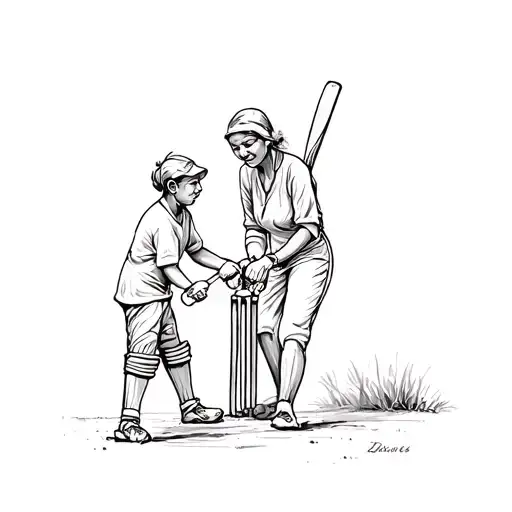 grandmother and son playing cricket tattoo design idea