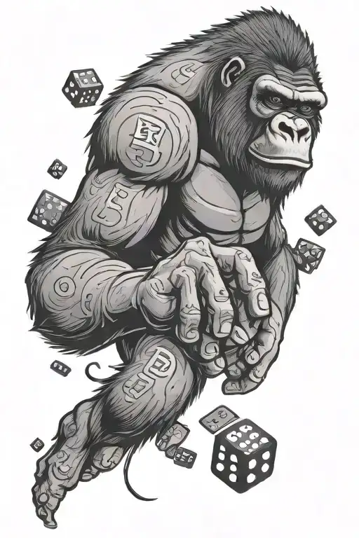 Dice rolling out of a gorilla's hands with the words 'dontlikeyou' in a black-grey tattoo tattoo design idea