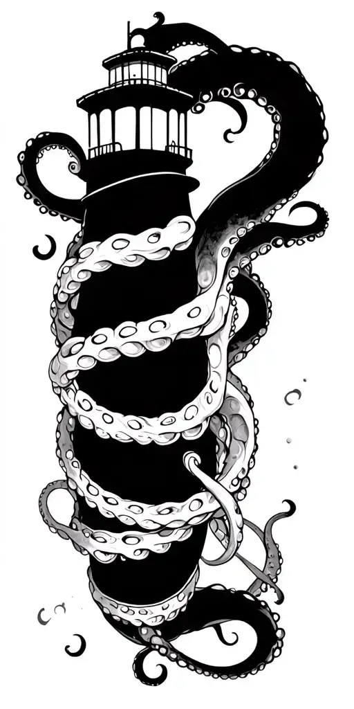 octopus wrapping its tentacles lighthouse tattoo design idea