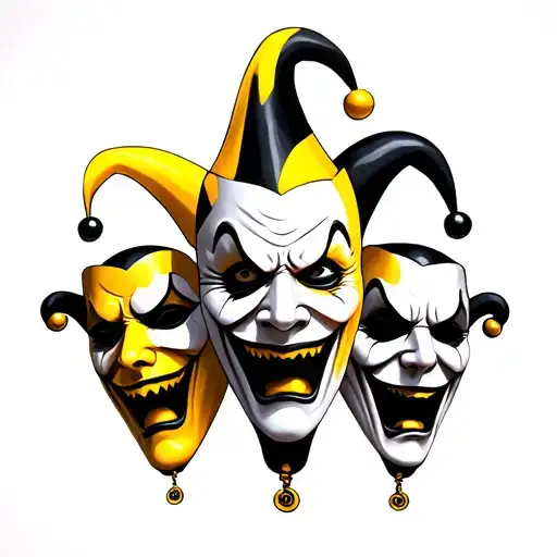 3 JESTER MASKS YELLOW AND BLACK ,SAD,ANFY,ANGRY tattoo design idea