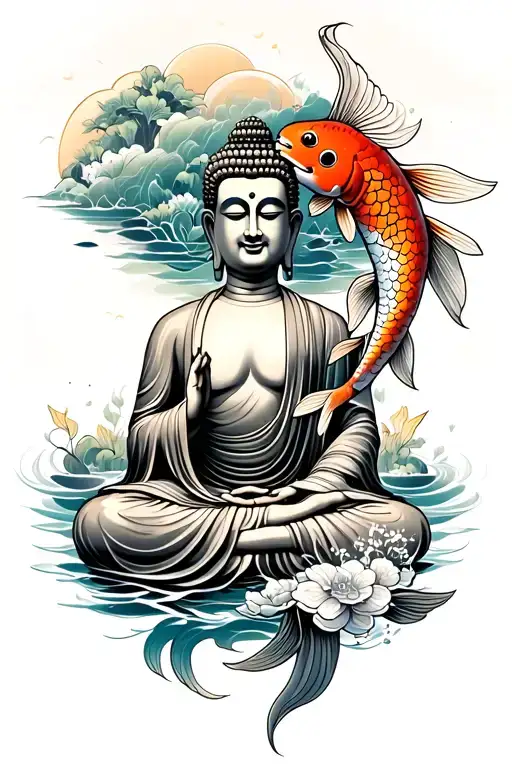 buddha with koi fish tattoo design idea