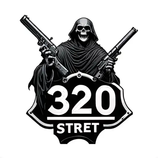 grim reaper standing with a gun on 620 street sign tattoo design idea