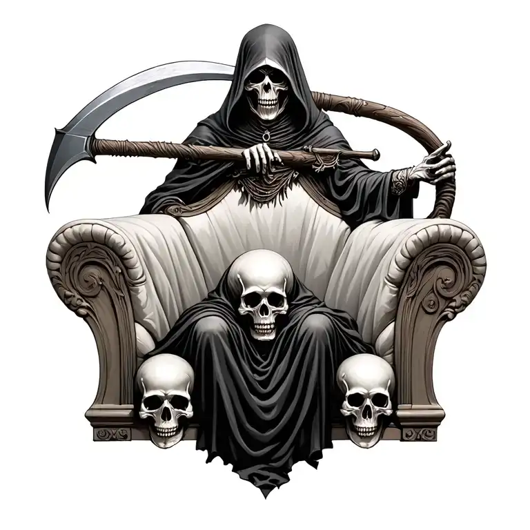 grim reaper on throne with scythe and skulls tattoo design idea