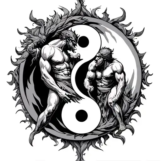 chernobog Slavic god wrestling on yin yang symbol tattoo design idea