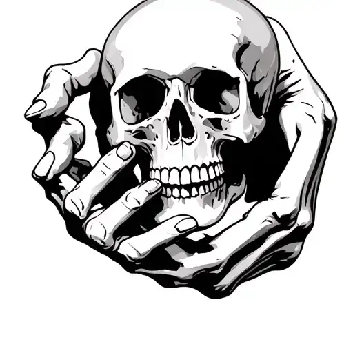 skeleton hand holding a skull three quarter veiw point tattoo design idea