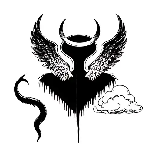 minimalistic devil horns and tail next to halo and angel wings next to scribble cloud all in a line left to right tattoo design idea