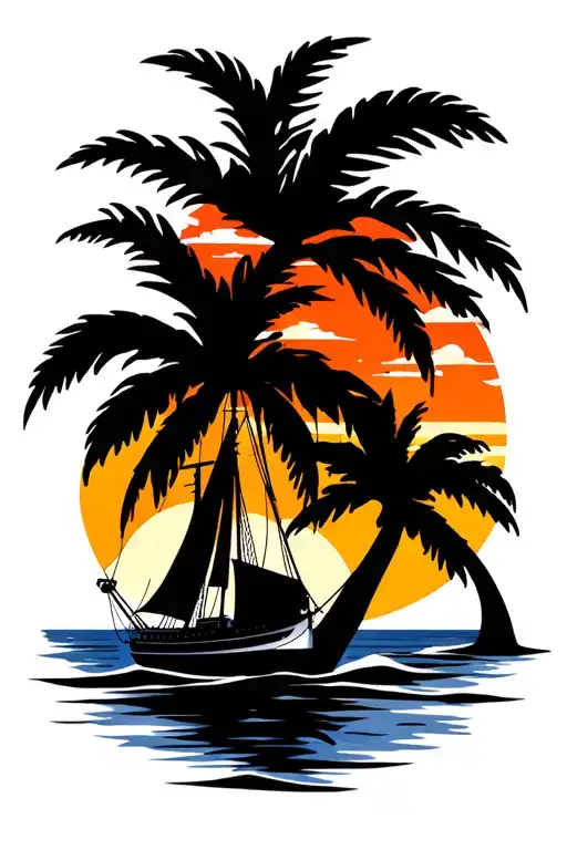 sunset, palm tree, sailing boat tattoo design idea
