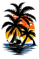sunset, palm tree, sailing boat tattoo design idea