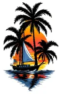sunset, palm tree, sailing boat tattoo design idea