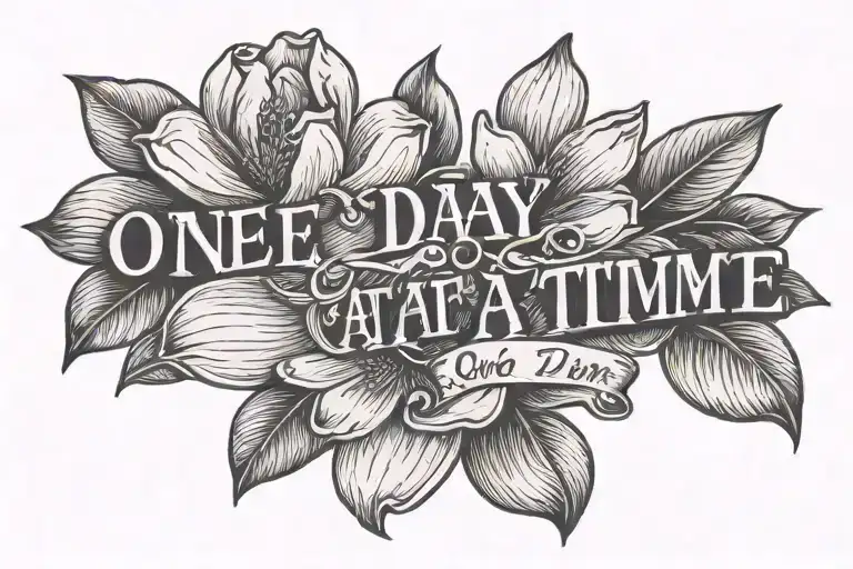" one day at a time" in simple font with a magnolia flower tattoo design idea