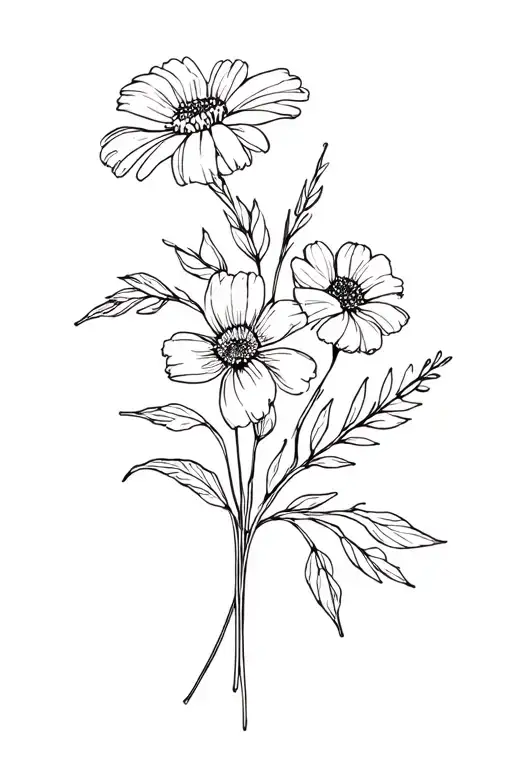 August and April Birth Flower fine line Bouquet tattoo design idea