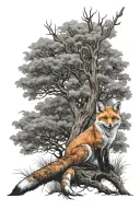 fox sitting under a tree tattoo design idea
