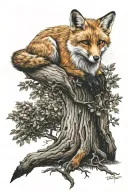 fox sitting under a tree tattoo design idea