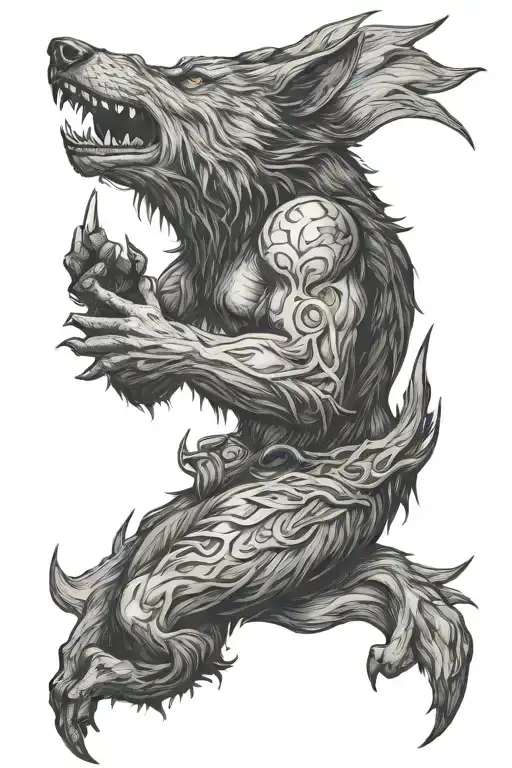 the forest werewolf howls at the moon with all his hand tattoo design idea