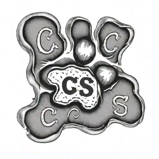 cat paw print inside a dog paw print with the letters C and S in a heart tattoo design idea