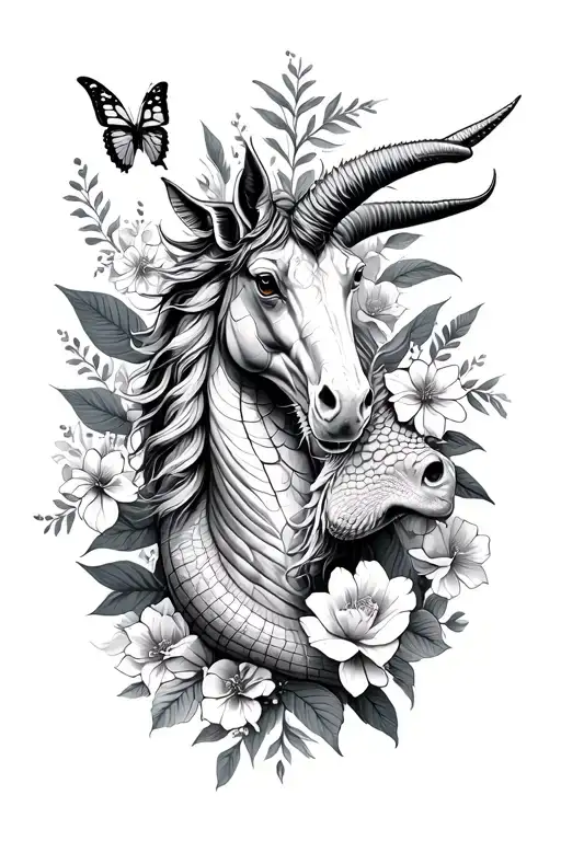 arm sleeve with Capricorn, alligator, unicorn, butterfly, and flowers tattoo design idea