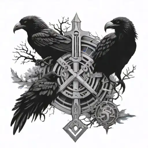 Combination of ygdrassil, vegvisir, mjolnir, 2 crows and 2 wolves.  tattoo design idea