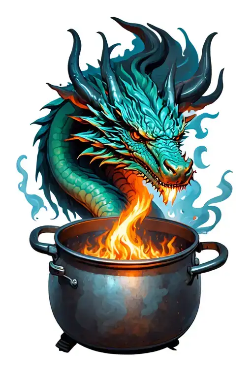 Cooking pot with a dragon emerging from steam tattoo design idea