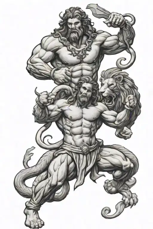 hercules with lion head fighting the hydra  tattoo design idea