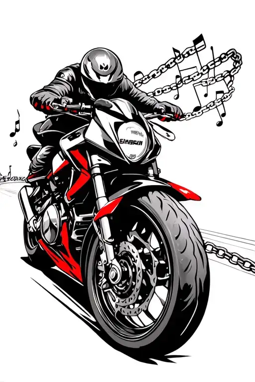 hayabusa on winding road with chain .sprockets, music playing red accents tattoo design idea