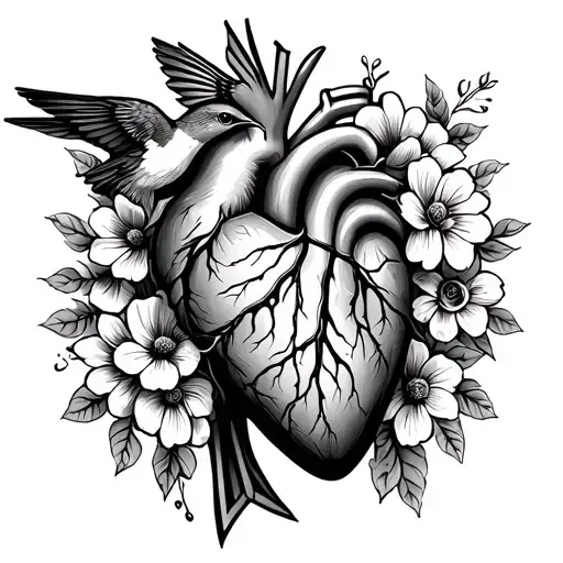 anatomic heart with hummingbird and flowers with breast cancer ribbon tattoo design idea