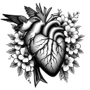 anatomic heart with hummingbird and flowers with breast cancer ribbon tattoo design idea