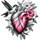 anatomic heart with hummingbird and flowers with breast cancer ribbon tattoo design idea