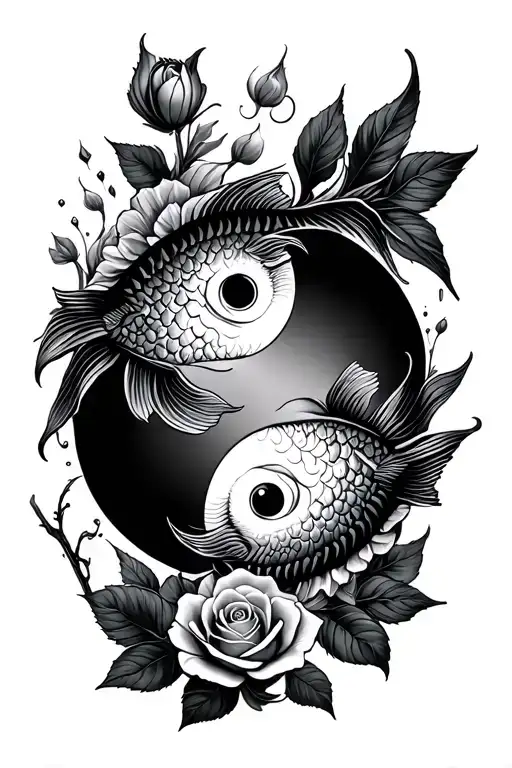 Pisces fish yin yang rose and crescent moon surrounded tattoo design idea