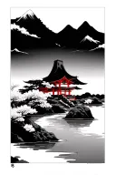 A mountain in the background with a river, sakura and a Japanese tori in the foreground tattoo design idea
