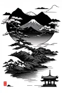 A mountain in the background with a river, sakura and a Japanese tori in the foreground tattoo design idea