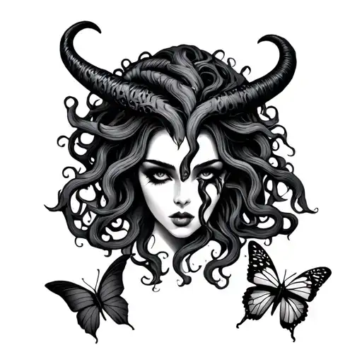 horizontal tattoo with a poison tree, medusa that has maleficent horn, and semicolon with a butterfly  tattoo design idea