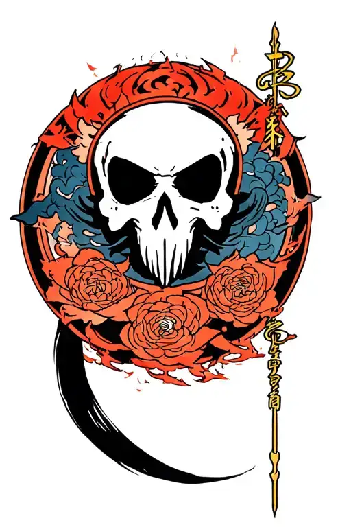 A Japanese inspired shoulder piece that includes the reaper death seal from Naruto shippuden. Also incorporate the mange tattoo design idea