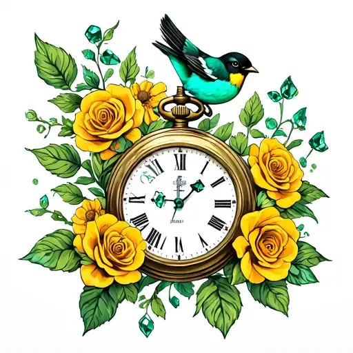 wild flowers, yellow roses, pocket watch, cross, bird , green emerald tattoo design idea