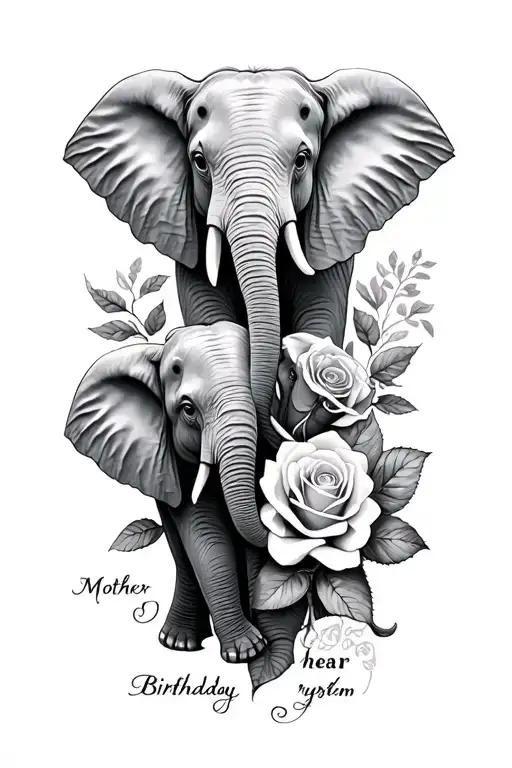 3 elephants with some cloy da behide and a rose with mother birthday and hear best rythem  tattoo design idea