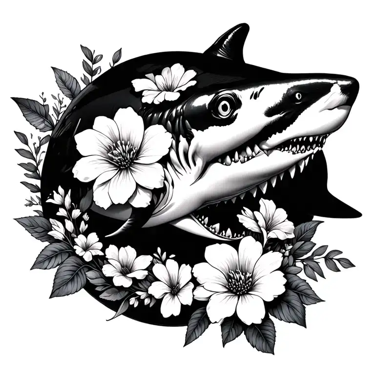 shark surrounded by flowers tattoo design idea