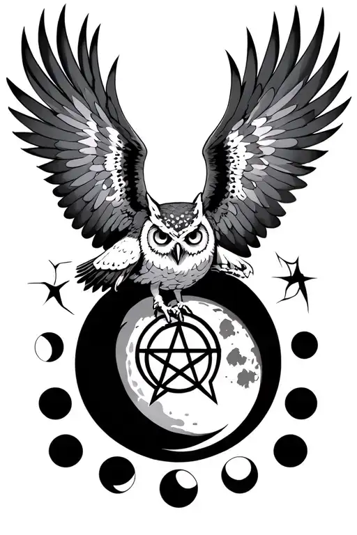 flying owl whit pentagram in claws front of moon phases tattoo design idea